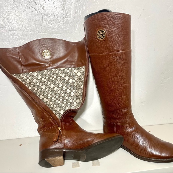 Tory Burch Junction Tumbled Leather Low Heel Knee High Riding Boots - Picture 16 of 16